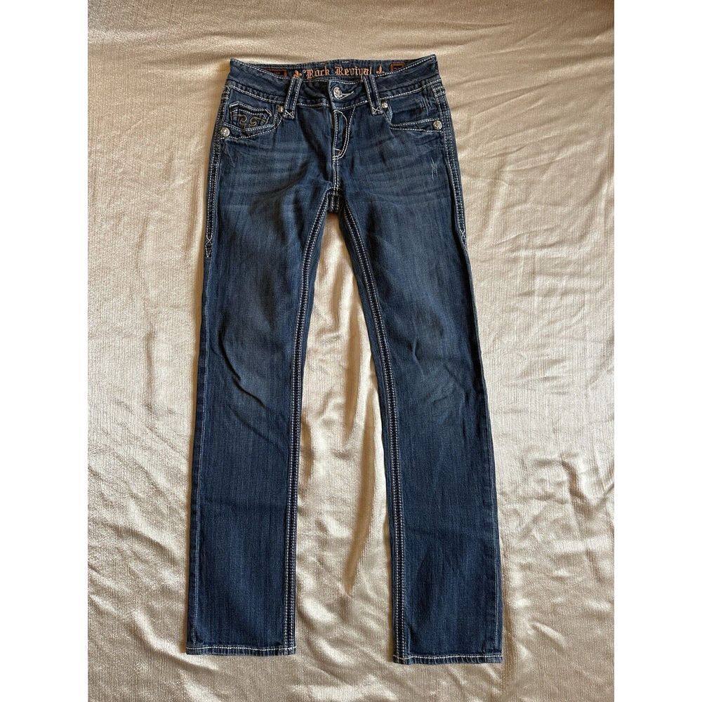 Rock Revival Womens Sz 27 Debbie Straight Blue Jeans Low Rise Medium Wash Bling - Picture 5 of 10